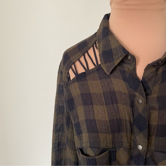 Free People Navy Combo Lace Up Plaid Button Down Long Sleeve Shirt EUC Size S - Picture 9 of 12